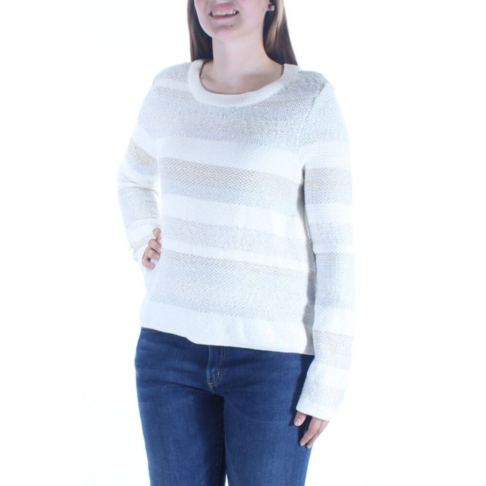 KIIND OF Womens Ivory Glitter Striped Long Sleeve Jewel Neck Sweater Size: L